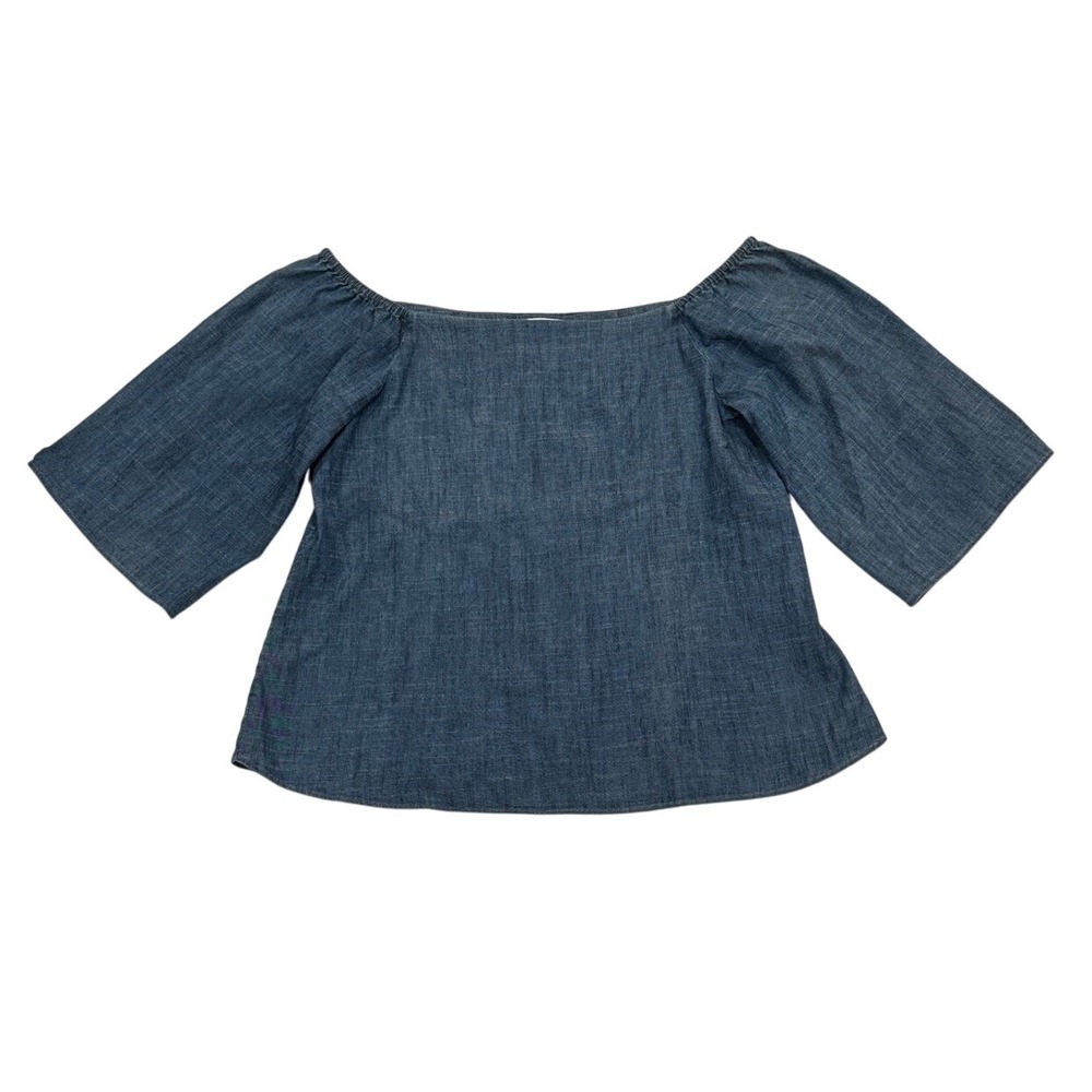 Alice & Olivia Off the Shoulder Denim Bell Sleeve Top Chambray Blue Size S‎